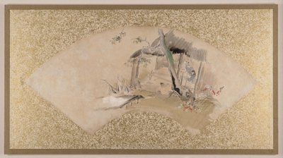 House with Woman and Baby, 1800-luvun loppupuoli (viuhkamaalaus kiinnitetty albumilehdeksi; tempera paperille) tekijältä Zeshin Shibata