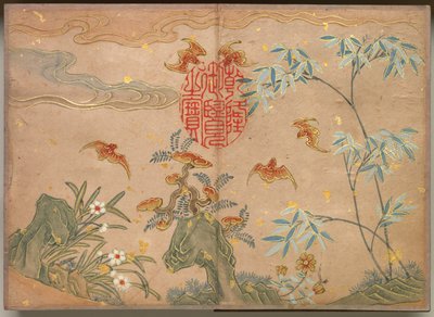 Pöytäalbumi: Kukka- ja lintumaalauksia Lepakot, kivet, kukat soikea kalligrafia, 1700-luku. tekijältä Zhang Ruoai