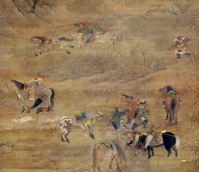 Mongolialainen ratsastaja jahtaa hevosta. Yksityiskohta. Fou Tchao Mongin (1254-1322) silkkimaalaus. Yuan-dynastia (1206-1368 jKr) Pariisi, Guimet-museo, Aasian taiteen kansallinen museo tekijältä Zhao Mengfu Chao Meng Fu or