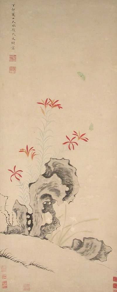 Rock, Tiger Lily ja Orchid, päivätty 1627. tekijältä Zhao Wenchu