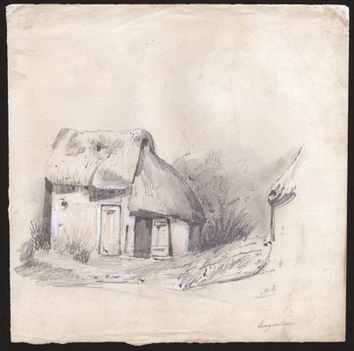 Olkikattoinen mökki Ranskan keskustassa. noin 1830 (kuva) tekijältä . .