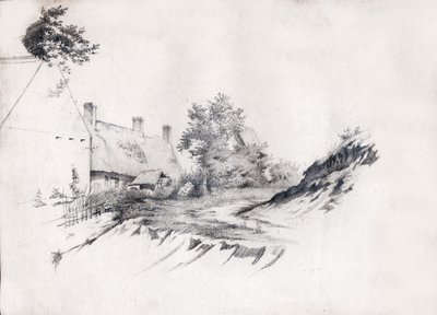 Olkikattoinen maalaistalo Keski-Ranskassa. noin 1850 (piirustus) tekijältä . .