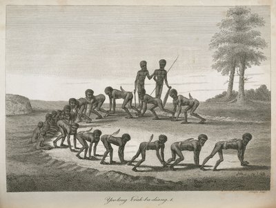 Aboriginaalit miehet matkivat koiria, Australia tekijältä Frederick (attr. to) Barnard