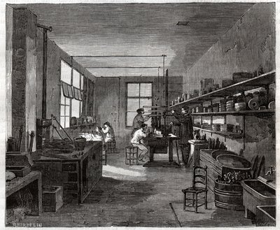 Atelier de galvanoplastie. Galvanointipaja. tekijältä Frederick (attr. to) Barnard