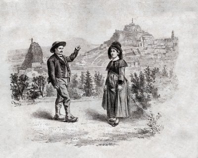 Auvergnats tanssimassa täytettä Puy en Velayssa, Ranskassa. noin 1900 (kaiverrus) tekijältä . .