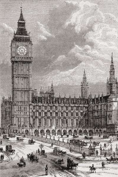 Big Ben ja parlamenttitalo Lontoossa, Englannissa, nähty täällä 1800-luvulla. tekijältä . .
