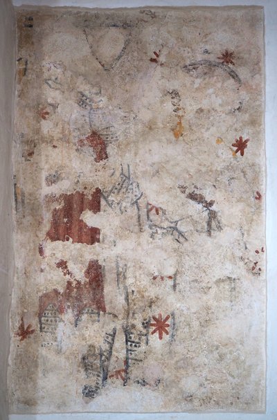 Burgundy, Lancharre, Chapaizen kunta 71460. Notre Damen kirkossa seinämaalaus. Kaksi ritaria ketjupostissa (fresko) tekijältä . .