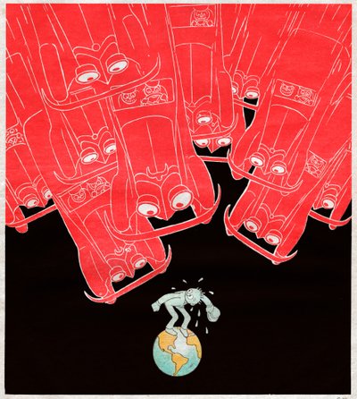 Autot hyökkäävät viimeisen jalankulkijan kimppuun maan päällä. 1929 (Karikatyyri) tekijältä . .
