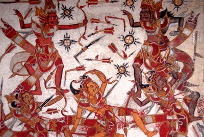 Kuninkaanlinnan kattomaalaus; jumalten taistelu; Gosa-paperi; Gilin palatsin puisto; Klungkung; Semarapura; Bali; Indonesia; Kaakkois-Aasia; Aasia tekijältä Frederick (attr. to) Barnard