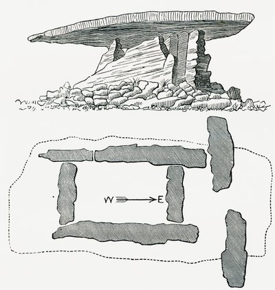 Chûn Quoit, Cornwall, Englanti, sivukuva ja pohjapiirros, Ommasta maasta, julkaistu 1898 tekijältä Ferdinand Georg Waldmuller