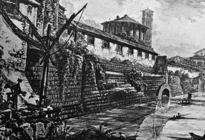 Cloaca Maxima (vanha viemärijärjestelmä) ja Vestan tai Hercules Victorin temppeli, kaiverrus Giovanni Battista Piranesi (1720-1778), Italia tekijältä William Walcutt
