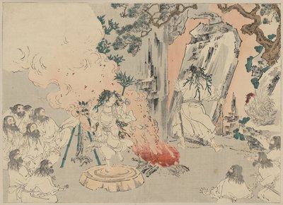 "Kreivitär Kami" tanssii houkuttelemaan auringonjumalatar Amaterasua ulos luolastaan, n. 1890 (puupiirros) tekijältä . .