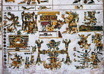 Yksityiskohta faksilla Kopio Codex Borgian sivusta, jossa näkyy neljä suuntaa ja keskikohta (väri litho) tekijältä Hippolyte Lalaise Devéria