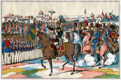 Keisari Aleksanteri II arvioi joukkojaan ennen sodan julistusta Turkille (1877). noin 1880 (kuva) tekijältä . .