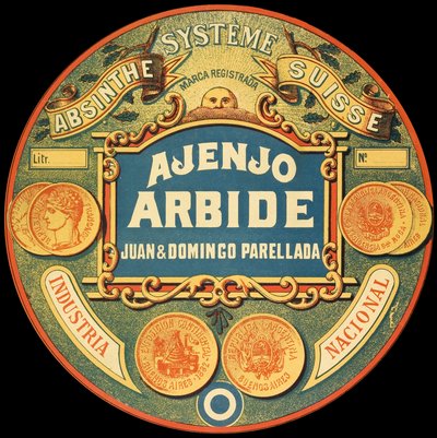 Argentiinalaisen absinttimerkin Ajenjo Arbide etiketti tekijältä Frederick (attr. to) Barnard