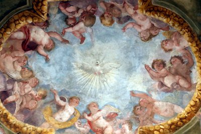 Pyhä henki ja enkelit. Fresko. Santa Maria delle Vigne -basilika. Genova. Italia. tekijältä . .