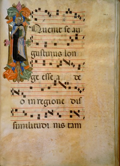 Valaistu nimikirjain Pyhän Augustinuksen hahmolla (Corale 19, n. 149), Silvestro dei Gherarduccin teos Santa Maria degli Angelin kuorokirjaan 19, joka on konservoitu Biblioteca Medice-Laurenzianassa Firenzessä tekijältä Henry Charles Fehr
