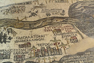 Jericho ja sen ympäristö, mukaan lukien Jordan-joki ja kuollut meri, yksityiskohta Pyhän maan kartasta, lattiamosaiikki, noin 560 jKr., Pyhän Yrjön basilikan apisi, Madaba, Jordania, Bysantin sivilisaatio, 6. vuosisata jKr. tekijältä School Lebanese
