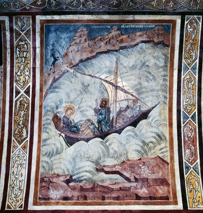 Jeesus rauhoittava myrsky, fresko Tharin luostarin kirkon holvissa, Rodoksen saari, Kreikka tekijältä Georg Carl Heinrich Dollmann