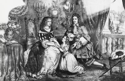 Kuningas Ludvig XIV ja hänen tyttärensä pyytävät herttuatar Louise de La Vallierea, ettei hän vetäytyisi luostariin tekijältä Georg Carl Heinrich Dollmann