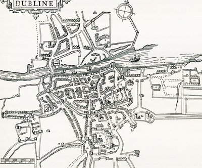 Irlannin Dublinin kartta vuonna 1610, Own Country -julkaisusta, julkaistu 1898 tekijältä Ferdinand Georg Waldmuller