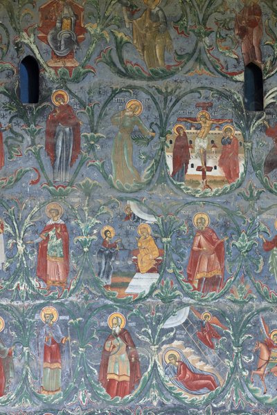 Luostari (manastirea Sucevita). Kirkko. Ulkopuoli. Etelä seinä. Seinämaalaus. tekijältä . .