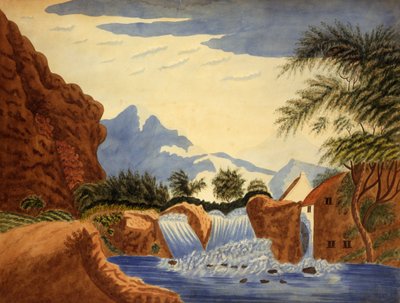 Vuorikohtaus ja vesipyörä, n. 1820-1870 (akvarelli paperille) tekijältä . .