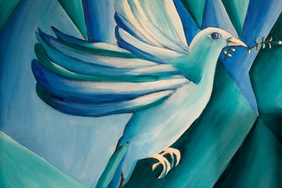 Notre Damen (Our Lady) kirkko, Ajou, Ranska. Yksityiskohta ranskalaisen taiteilijan JOBin maalauksesta, joka kuvaa kyyhkystä. tekijältä . .
