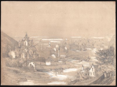 Panoraama Fecampin kaupungista Normandiassa. 1841 (piirustus) tekijältä . .