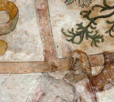 Seurakuntakirkko (Parochiekerk Sint-Martinus). Sisustus. Pohjoinen risteys. Seinämaalauksia holveissa. tekijältä . .