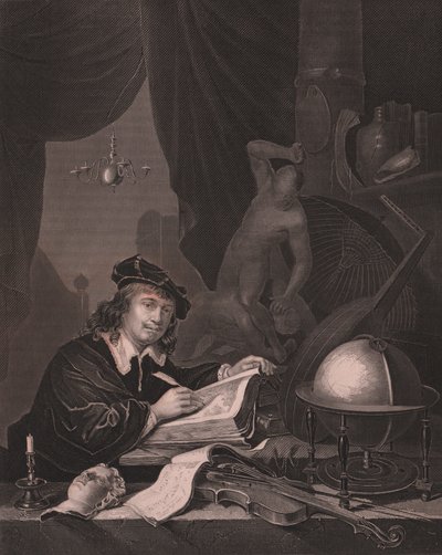 Hollantilaisen taidemaalari Gerrit Doun (1613-1675) muotokuva, Albert Henry Painen kaiverrus Gerrit Dou -maalauksesta Paynen kuninkaallisesta Dresdenin galleriasta, Albert Henry Payne, H Payne Dresden ja Leipzig Publisher, noin 1840 tekijältä William Walcutt