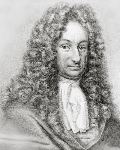 Gottfried Wilhelm von Leibnizin (1646-1716), saksalaisen matemaatikon, filosofin ja tiedemiehen muotokuva, kaiverrus tekijältä William Walcutt