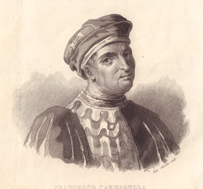 Italian sotilasjohtajan Francesco da Bussonen muotokuva, joka tunnetaan myös nimellä Carmagnola (1380-1432), E Silvestrin kuparikaiverrus maalauksesta tekijältä William Walcutt