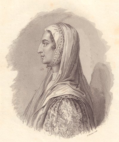 Italian aatelisnaisen Beatrice Lascaris di Tendan (1372-1418) muotokuva, G Fusinatin kuparikaiverrus Antonio Campon julkaisemasta muotokuvasta tekijältä William Walcutt