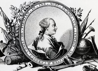 Itävaltalaisen poliitikon Karl Joseph von Firmianin (1716-1782) muotokuva, kaiverrus tekijältä William Walcutt