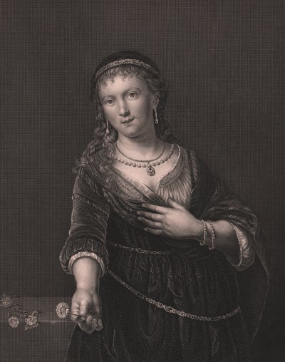 Muotokuva Saskia van Uylenburghista (1612-1642), Rembrandtin vaimo, kaiverrus Daniel John Pound Rembrandtin maalauksesta, Paynen kuninkaallisesta Dresdenin galleriasta, Albert Henry Payne, H Payne Dresden ja Leipzig Publisher, noin 1840 tekijältä William Walcutt