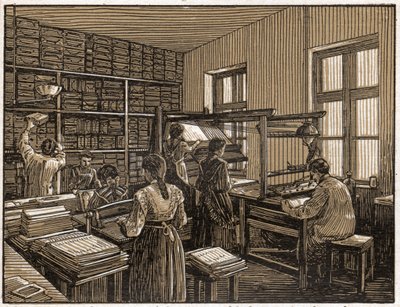 Kirjapaino Budapestissa, Unkarissa: kirjojen viimeistely ja valmistelu. Naisten töitä. noin 1910 (kuva) tekijältä . .