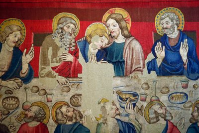 Pyhän Markuksen museo. Villakudos, jossa on jaksoja Kristuksen kärsimyksestä. Viimeinen ehtoollinen. tekijältä . .