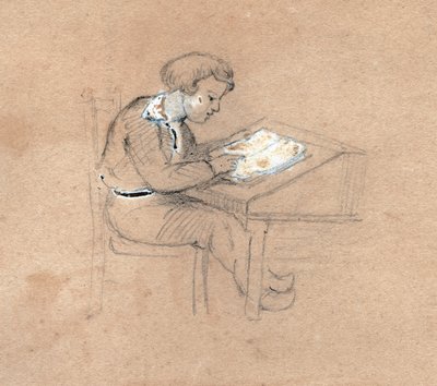 Koulupoika töissä pöydällään. noin 1830 (kuva) tekijältä . .
