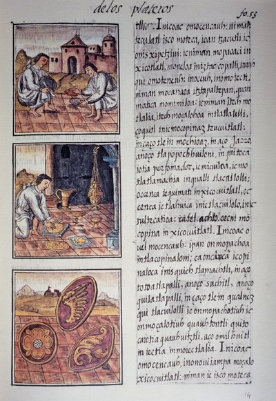 Pöytä- ja kilpituotanto, sivu Firenzen Codexista, kaksikielinen versio espanjaksi ja nahuatliksi, Uuden Espanjan asioiden yleinen historia, espanjalainen lähetyssaarnaaja Fray Bernardino de Sahagun. Atsteekkien sivilisaatio tekijältä Georg Carl Heinrich Dollmann