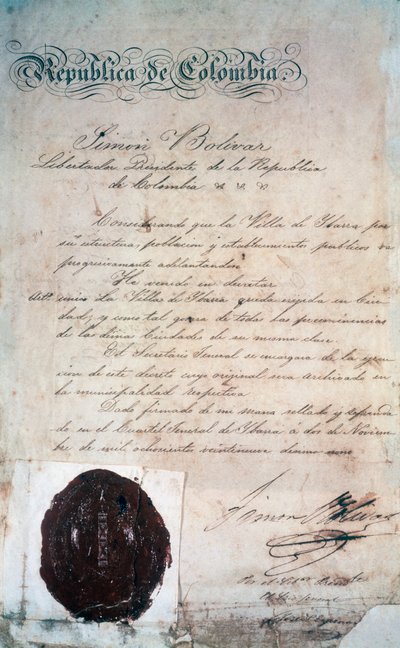 Laki, jolla Simon Bolivar julisti San Miguel de Ibarran kaupungin, ympäröivän maakunnan pääkaupungin, tuolloin osaksi Suur-Kolumbiaa (nykyään Ecuador), 2. marraskuuta tekijältä Georg Carl Heinrich Dollmann