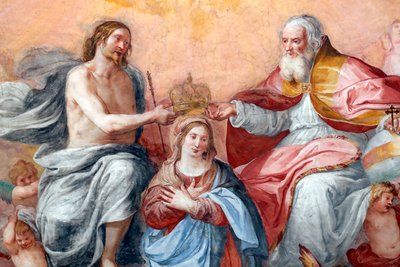 Neitsyen kruunaus. Tuore. Santissima Annunziata del Vastaton basilika. Genova. Italia. tekijältä . .
