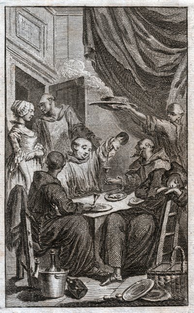 Munkkien juhla, joka rikkoo luostarisääntöjä. He juovat viiniä, kosistelevat piikoja. 1700-luku (kaiverrus) tekijältä . .