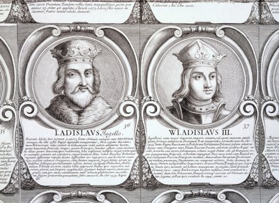 Wladyslaw II Jagiello ja Wladyslaw III Warnenczyk, no. 36 ja 37 sarjasta "Series Chronologica Ducum et Regum Polonorum" (kaiverrus) tekijältä . .