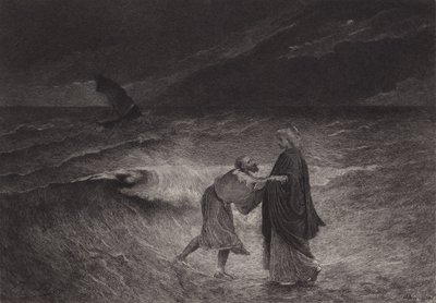 Jeesus ja pyhä Pietari merellä tekijältä after Albert Robida