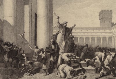 Jeesus ajoi rahanvaihtajat ulos temppelistä tekijältä after Albert Robida