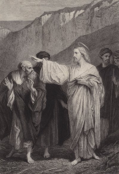Jeesus antaa Pietarille tehtävänsä tekijältä after Albert Robida