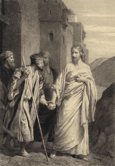 Jeesus johtaa sokeaa miestä tekijältä after Albert Robida