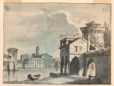 Lavastus, rakennukset joenvarrella tekijältä after Alessandro Sanquirico
