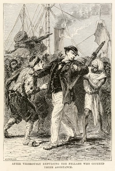 Kun hän on torjunut tarmokkaasti apuaan tarjonneet kaverit, Jules Vernen (1828-1905) teoksesta Maailman ympäri kahdeksassakymmenessä päivässä, Henri-Théophile Hildebrandin (1824-1897) kaiverrus 1873 (kaiverrus). tekijältä after Alphonse Marie de Neuville